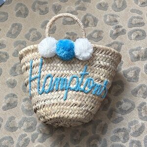Woven Straw Tote with Blue Pom Poms HAMPTONS